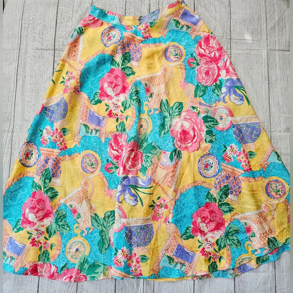Vintage 100% Silk Made In Korea Floral Clock Print Asian Inspire Skirt Midi Maxi - Picture 9 of 11